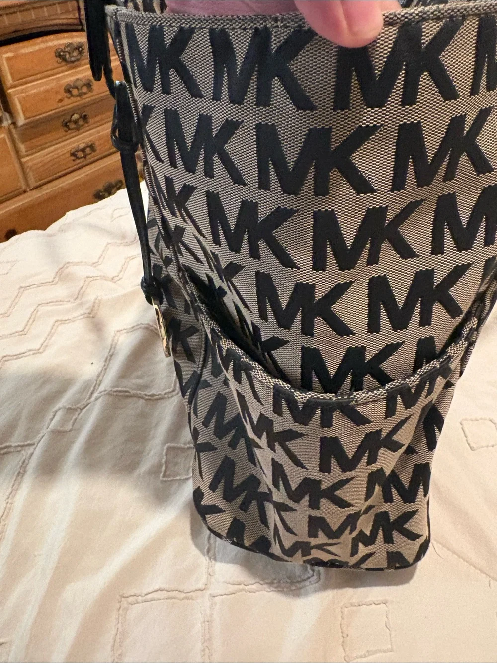 Michael Kors Tan and Black MK Logo Tote with Black Handles